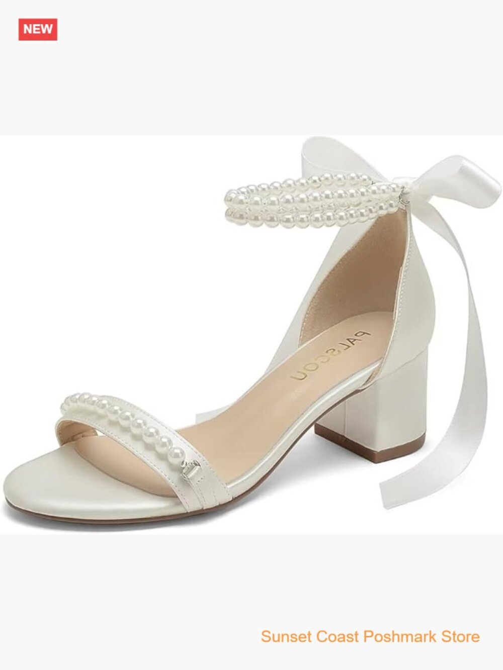 Block Heel Pearl Wedding Sandals Open Toe Low Heel Bridal Shoes for Women